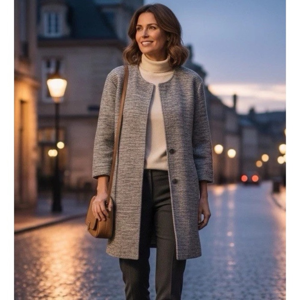 Eileen Fisher Gray Knit Open Front‎ Jacket Longline Cardigan Pockets